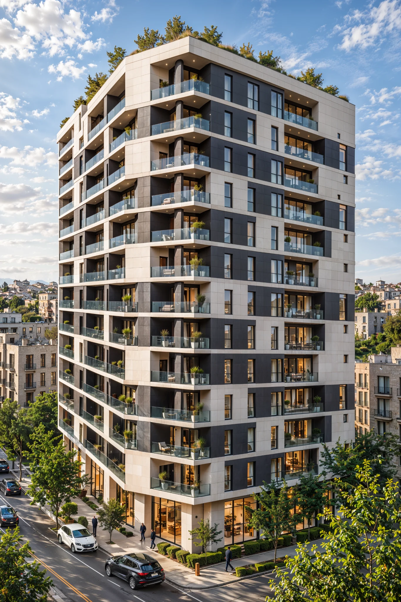 Perspective en journée de la résidence Castello, montrant les deux façades et les balcons